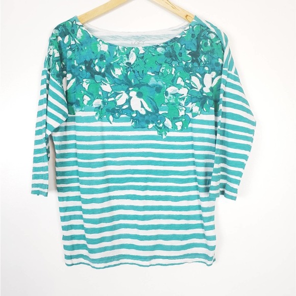 LOFT green striped and floral top med - Picture 1 of 4